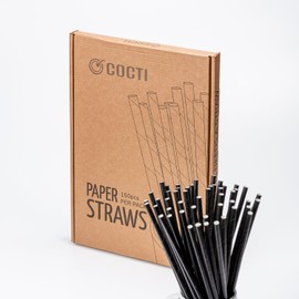 Cocti Paper Drinking Straws - Incredibly Durable Straws! - 100% Biodegradable, Durable, No Fun Paper Flavour, Suitable for Cold Drinks - 200mm x 6mm, Black, Pack of 150