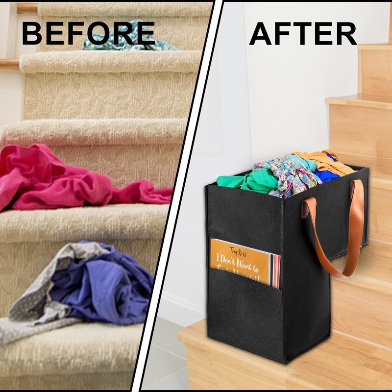 Yopay 2 Pack Stair Basket with Leather Handle, Upgraded Foldable