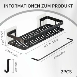 Gemdoit Shower Shelf No Drilling - Pack of 2 Bathroom Organiser with 4 Mobile Hooks, Aluminium Alloy Lightweight and Durable for Bathroom, Kitchen and Toilet (Black)