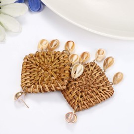 Flongo Woven Rattan Women's Earrings Bobble Tassel Drop Tassel Women Earrings Bohemian Handmade Willow Straw Circle Drop for Summer Beach, Metal