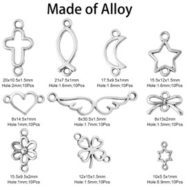 Stiesy 100Pcs 10 Styles Tibetan Silver Hollow Links Antique Style Angel Wing Cross Heart Bowknot Connector Charms for Crafts Jewelry Making