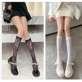 eigenn Women's Full Lace High Socks, Patterned, Junior Socks, Openwork, Women's Lace Socks, Beautiful Legs, Set of 2, Net Socks, Mesh, Work or School Commutes, Fuji Print