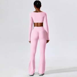 ABOCIW Workout Sets for Women Square Neck Long Sleeve Crop Top Scrunch Butt Lifting High Waist Flare Leggings 2 Piece Gym Yoga Outfits Y-Pink Small