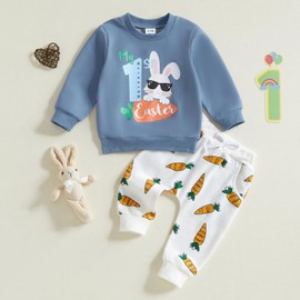 My First Easter Baby Boys Outfits Bunny Print Jumper and Carrot Joggers 2 Piece Outfit Easter Clothes Set 0-3 Years (Blue, 12-18 Months)