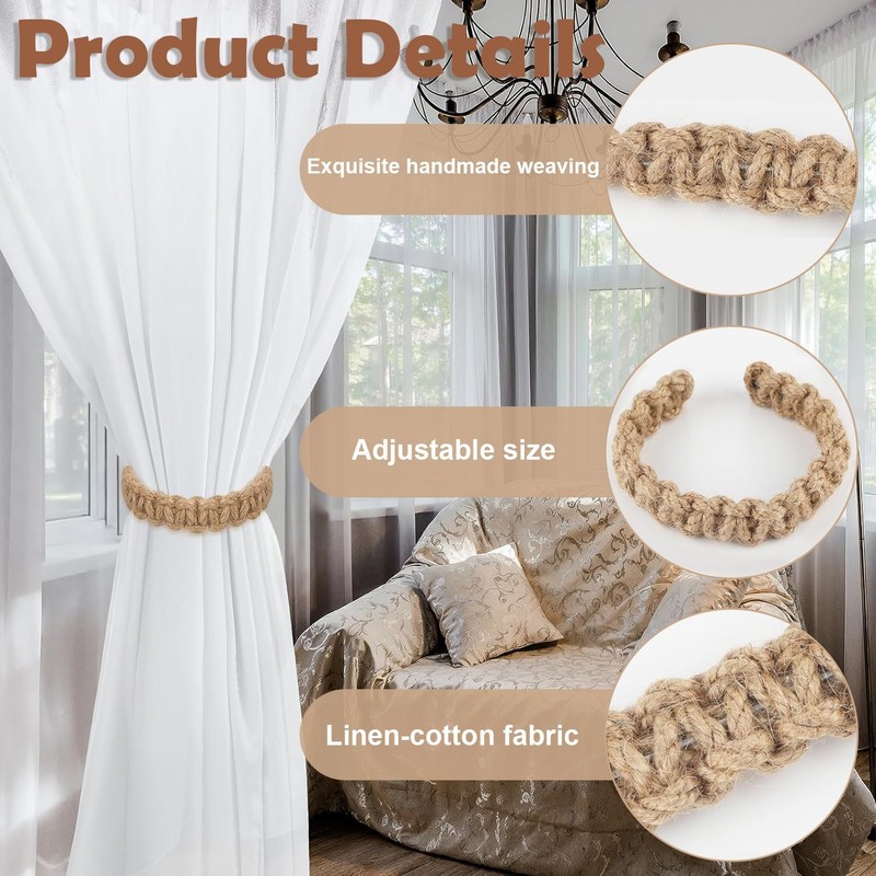 4-Piece Curtain Ties, Curtain Tie Backs Rope with Rustic Charm,