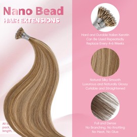 MioYio Nano Hair Extensions Human Hair 7/60#-Caramel Color Mixed With Brown 18inch 40G/50S/Pack Nano Bead Hair Extensions Human Hair Nano Ring Hair Long Straight For Women