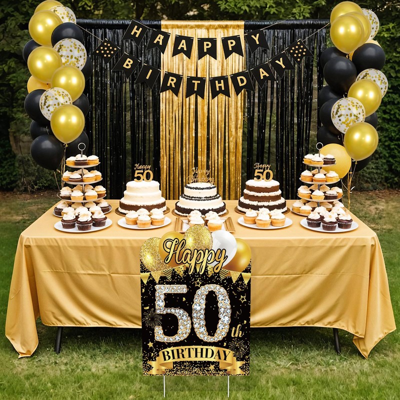 50th Birthday Yard Signs with Banner Black Gold 50th Birthday
