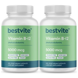 BESTVITE Vitamin B12 (Methylcobalamin) 5000mcg (480 Vegetarian Capsules)(2 x 240) (Methyl B12) - No Stearates - Vegan - Non GMO - Gluten Free