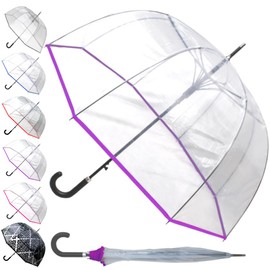 Rare Automatic Clear Dome Umbrella For Rain and Wind - Windproof Strong Heavy Duty Umbrella - Best for See Through Visibility - Transparent Fiberglass Men Women - Purple Trim