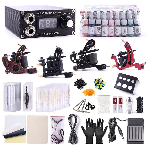 One Tattoo World Complete Tattoo Kit - 4 Tattoo Machines, Digital Power Supply, 54 Color 5ml Tattoo inks, Grips, Needles Transfer Paper, and more- OTW-KTB454