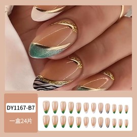 Short French Tip Press on Nails Almond Nails Press ons Medium Fake Nails with Glitter Designs Glossy Oval False Nails Green Gold White French Tip Nails Press ons Short Colorful Acrylic Glue on Nails