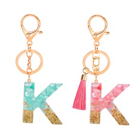 2 Pieces "k" Letter Keychain with Tassel Keychain Lobster Clasp Resin Key Chain Girls Bag Charm Accessories Suitable for Purse Handbag (Pink-Green), Pink, Green