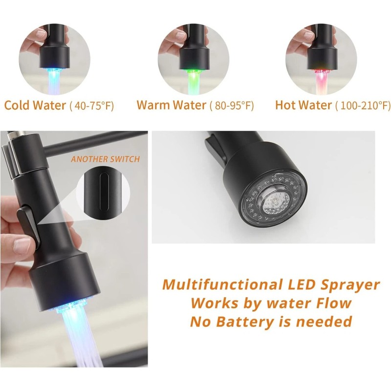 MVMHOME Black and Gold LED Kitchen Faucet with Pull Down