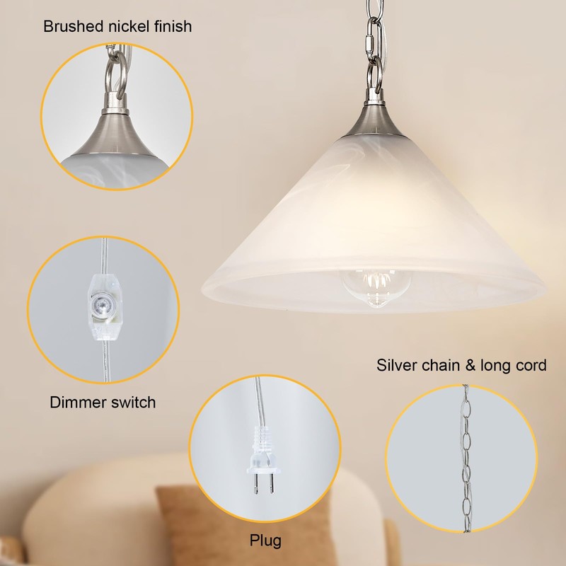 KLOSM Plug in Pendant Light Alabaster Glass Dome Shade Hanging