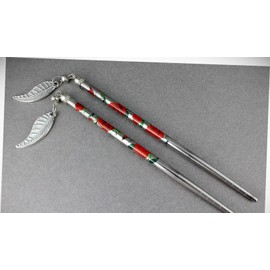 Perfect Hairstyle with Our Hair Accessories - Red Green Set 2 Dangle Leaf Floral Flower Hair Chop Sticks Picks Pins 6 1/8" Fashionable Hair Accessory Hair Jewelry Accessories for Lady Women