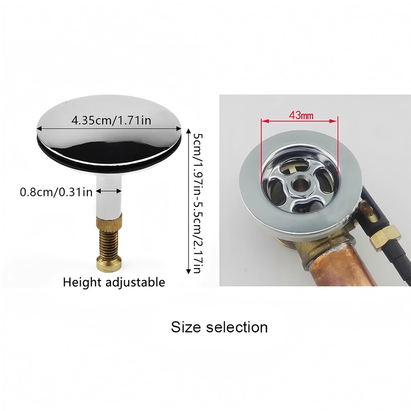 43 mm Bath Plug, Universal Bath Plug with Adjustable Screw,