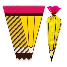 50Pcs Back to School Pencil Cellophane Treat Bags Treat Bags with Equals Twist Ties Funny Shaped Candy Cute Yellow Goodie Plastic Bulk Cellophane Snack Gift Bags for First Day School Party