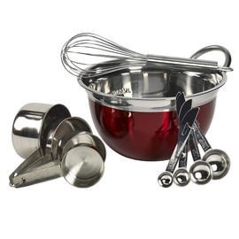 Basic Essentials Kitchen Tools Collection- Stainless Steel Prep Cooking Baking Serving, 10 Piece Red Stainless Steel Mix & Measure Set