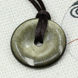 Keleny Natural Golden Obsidian Gemstones 30mm Circle Coin Peace Donut Pendant Adjustable Braided Brown Rope Necklaces