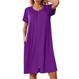 Ekouaer Bathrobes for Women Soft Zipper Robe Casual Short Sleeves Loungewear Knee Length Shower Robes Eggplant XXL
