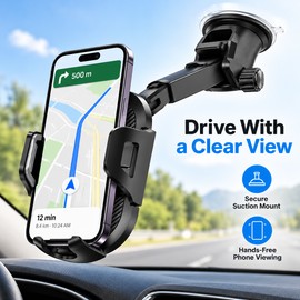 Car Phone Mount with Long Adjustable Arm – Suction Cup Smartphone Holder with 360° Rotation for Dashboard and Windshield Navigation