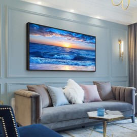 Wapluam Large Canvas Wall Art For Living Room Wall Decor For Bedroom Office Wall Decorations Blue Ocean Beach Wall Painting Sunny Sea View Wave Wall Pictures Artwork Room Home Decor Black Framed