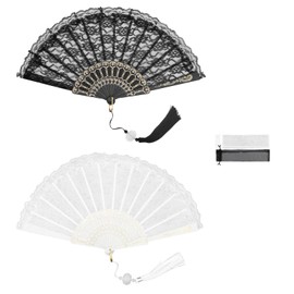 MYLERCT Fabric Fan Pack of 2 Eastern Classic Hand Fan Fabric Hand Fan Black Women's Sturdy with Black and White Tassels for Parties and Personal Collections