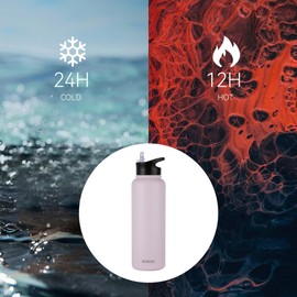 MURBONE Stainless Steel Drinking Bottle 1.2 L (+ 2 Lids) with Straw, BPA-Free, Leak-Proof, Suitable for Carbonated Drinks, Thermos Flask, Vacuum Double Wall Insulation for Sports, Travel, Camping