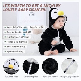 MICHLEY Unisex Baby Hooded Romper Winter Flannel Jumpsuit 6-12months, Cartoon Cosplay Costume, Penguin