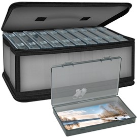 Bluedale Photo Storage Box with 10 Inner 4" x 6" Black Photo Case, Waterproof Craft Keeper with Handle, Photo Organizer Container Box with 1 Sheet Label Sticker for Picture Seeds Craft Supplies