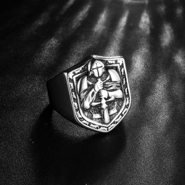 ABUAMO Mens Warrior Ring Solid Stainless Steel Greek Spartan Helmet Jewelry Shield Ring Gift for Him, Non-Precious Metal, No Gemstone