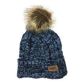 ANGELA & WILLIAM Women's Winter Fleece Lined Cable Knitted Pom Pom Beanie Hat (Denim-Navy)