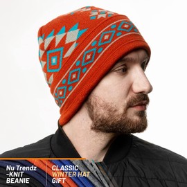 NU TRENDZ Southwest Beanie Cuffed Knit Hat for Men & Women, Unisex Skull Cap Warm Indian Daily Winter Beanie for Cold Rust