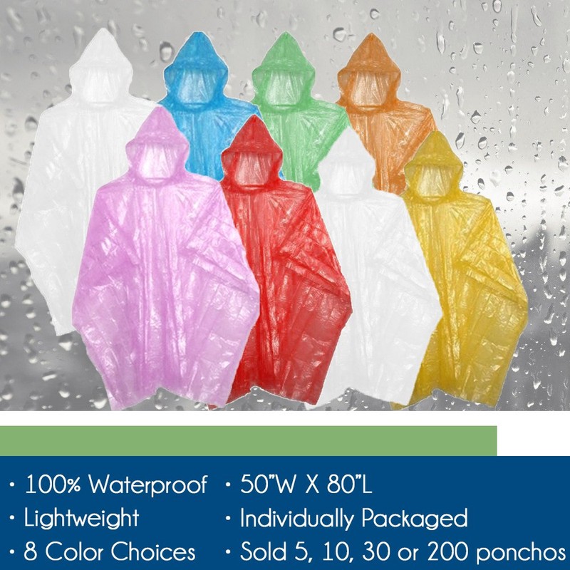 Emergency Disposable Rain Ponchos 5, 10, or 200 Pack (Pink,