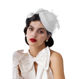 Zivyes Fascinators Hats 20s 50s Vintage Hat for Women Pillbox Hat Wedding Hat with Veil Costume Headwear (White)