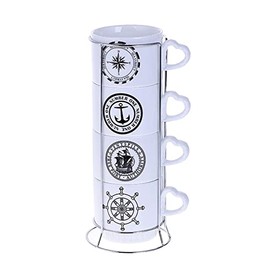 Stackable Coffee Cups With Stand - Set of 4 10 OZ Mugs (Sailor Design)