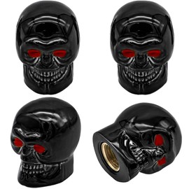 MEAJOO 4PCS Skull Style Tire Valve Stem Caps, with O Rubber Ring, Universal Copper Core Tire Valve Stem Covers for Cars, SUV, Trucks, Bikes, Motorcycles, Bicycles(Black)