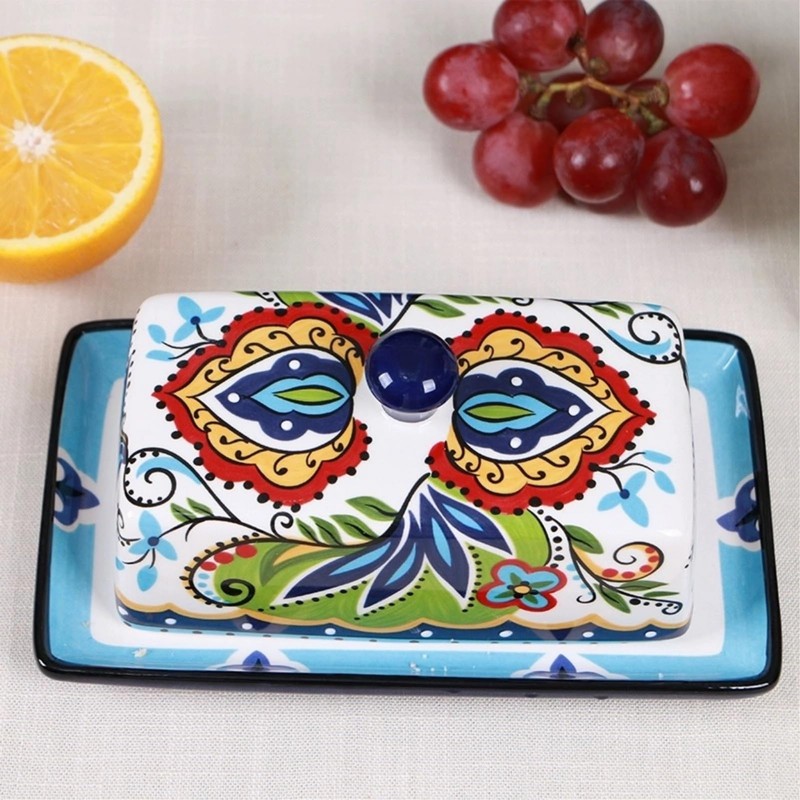 Ceramic Butter Dish with Lid Bohemia Hand Drawn Butter Plate