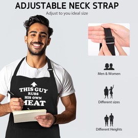 RNFENQS This Guy Rubs His Own Meat Funny Chef Apron Adjustable Bib Apron with 2 Pockets Funny Cooking Aprons Kitchen BBQ Apron Gifts for Men Women
