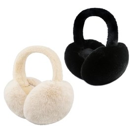 PIGBENGO Foldable Ear Muffs for Women Cold Weather Fluffy Earmuffs Winter Warm Headband Cute Slouchy Ear Warmers (2 Pack-black+beige)