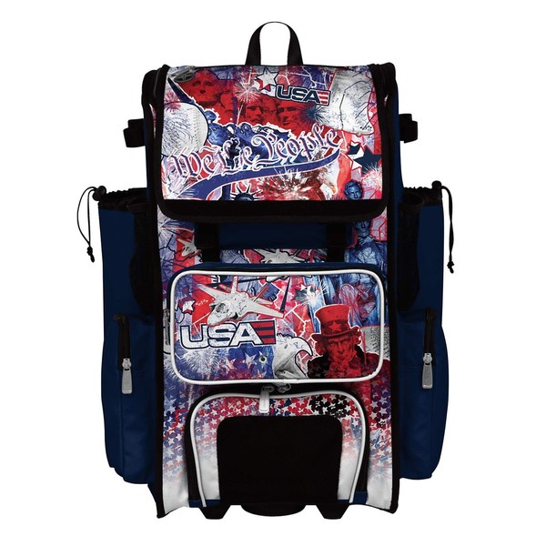 Boombah Rolling Superpack 2.0 Baseball/Softball Gear Bag - 23-1/2" x 13-1/2" x 9-1/2" - USA Liberty Navy/White/Red - Telescopic Handle - Holds 4 Bats - Wheeled Version