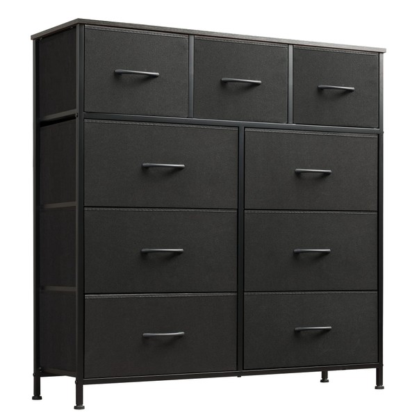 WLIVE 9-Drawer Dresser, Fabric Storage Tower for Bedroom, Hallway, Nursery, Closet, Tall Chest Organizer Unit with Fabric Bins, Steel Frame, Wood Top, Easy Pull Handle, Charcoal Black