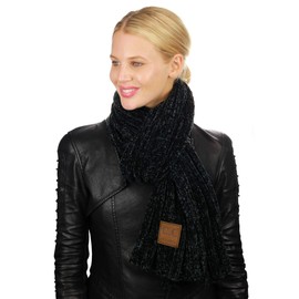 C.C Women's Ultra Soft Chenille Ribbed Thick Warm Knit Shawl Wrap Scarf-Black