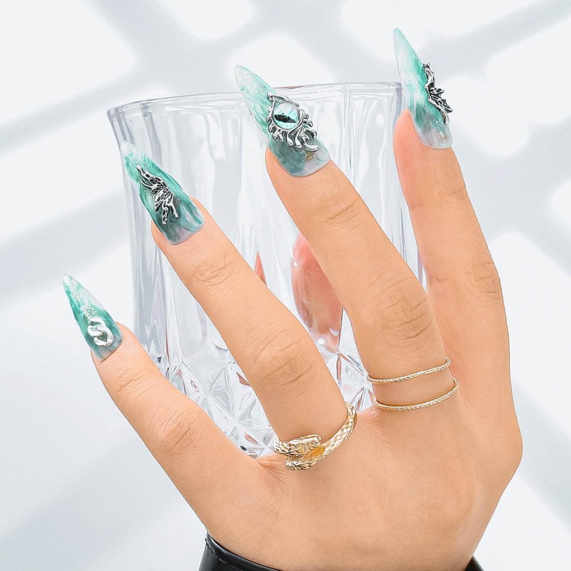 Sethexy Long Stiletto Handmade False Nails Green Shiny False Nails