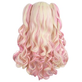 MapofBeauty Multi-color Lolita Long Curly Clip on Ponytails Cosplay Wig (Blonde/Pink)