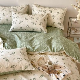 Lanqinglv Bed Linen 155 x 220 cm Cotton Floral Pattern, Beige Green Plants Reversible Bed Linen Renforce Oeko-Tex Bed Linen Set Vintage Duvet Cover with Zip and 1 Pillowcase 80 x 80 cm