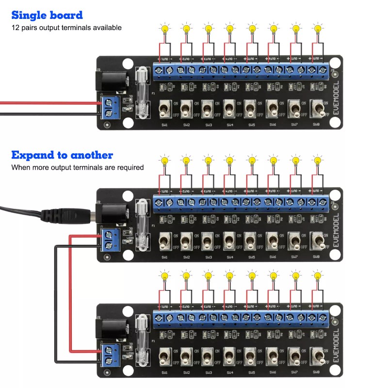 Evemodel 3V-24V DC Individual Toggle Switch Power Distribution Module 8