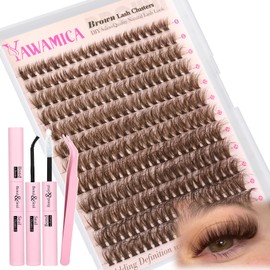 Yawamica Brown Lash Clusters Kit Fluffy Lash Extension Kit 10-16mm Wispy Eyelash Clusters D Curly Cluster Eyelash Extensions 50D Individual DIY Lashes Kit with Waterproof Bond and Seal Lash Tweezers