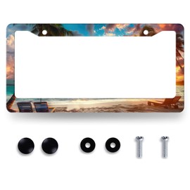 Beach Palm Tree License Plate Frame Sunset License Plate Stainless Steel Hawaiian Funny Accessory Cars Decor for Men Women 12.2 X 6.2 Inch with 2 Holes and Screws Fits Standard Us Ca Vehicles
