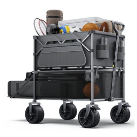 Foldable Wagon Cart,Everyfun 480Lbs Double Decker Wagon,Beach Carts with Big Wheels&Side Pocket&Dustbag,Large Capacity Folding Wagon for Shopping,Garden,Camping,Fish,New Wave Sports Wagon-Grey